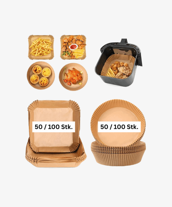 Backpapier für Heißluftfritteuse 50/100 Stück 20 cm | Antihaft Air Fryer Papier für Mikrowelle, Ofen, Pfannen & Backen