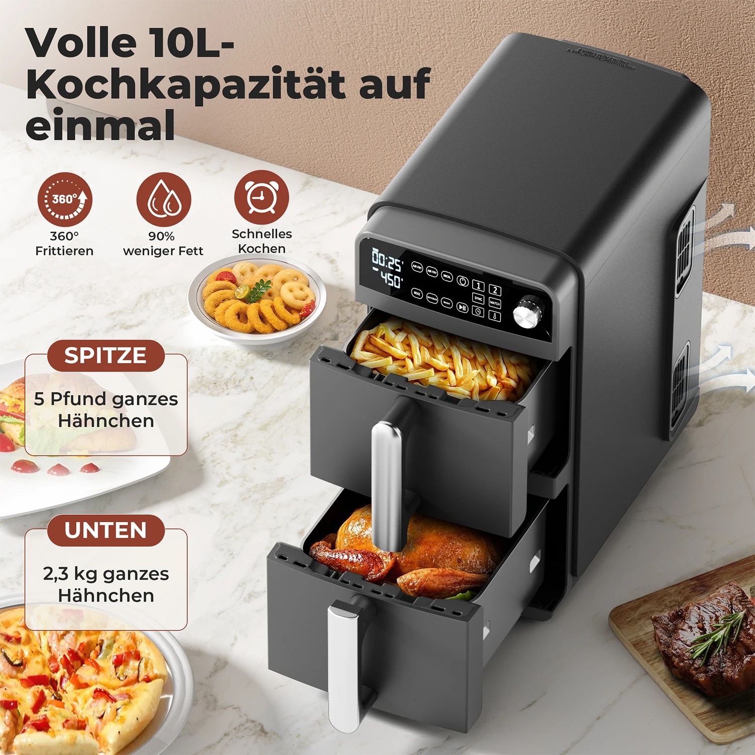 OYAJIA Heißluftfritteuse mit 2 Kammern | 10,8 L Air Fryer mit 2 Körben und 4 Kochstufen 2 OYAJIA Heißluftfritteuse mit 2 Kammern | 10,8 L Air Fryer mit 2 Körben und 4 Kochstufen – Bild 2