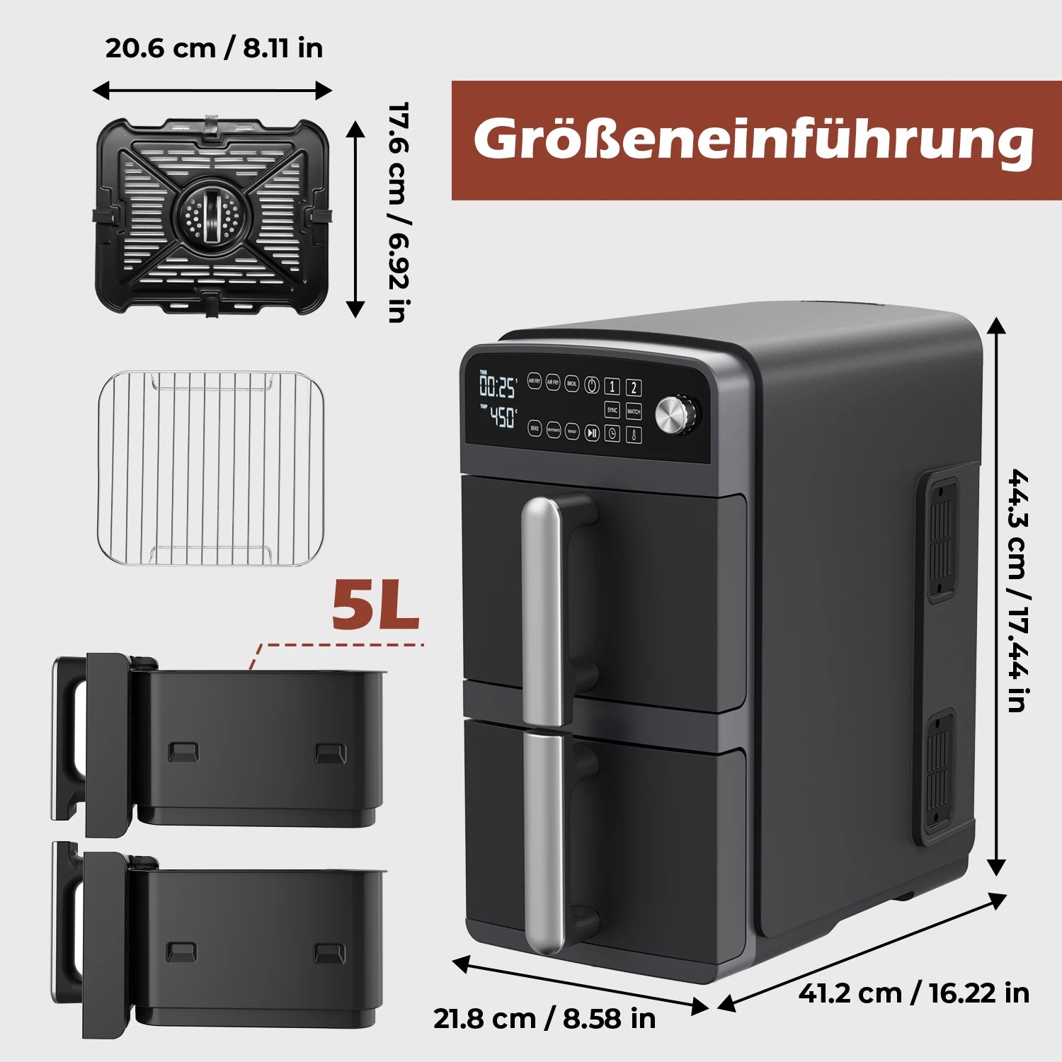 OYAJIA Heißluftfritteuse mit 2 Kammern | 10,8 L Air Fryer mit 2 Körben und 4 Kochstufen 8 OYAJIA Heißluftfritteuse mit 2 Kammern | 10,8 L Air Fryer mit 2 Körben und 4 Kochstufen – Bild 8