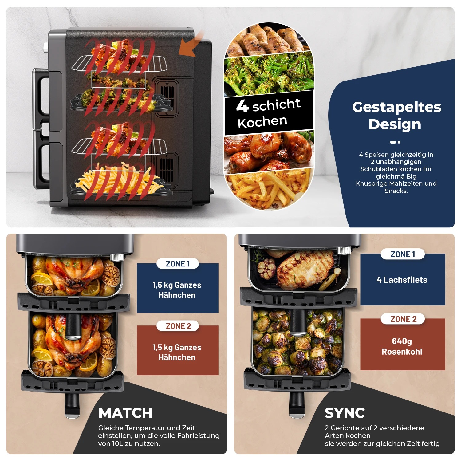 OYAJIA Heißluftfritteuse mit 2 Kammern | 10,8 L Air Fryer mit 2 Körben und 4 Kochstufen 4 OYAJIA Heißluftfritteuse mit 2 Kammern | 10,8 L Air Fryer mit 2 Körben und 4 Kochstufen – Bild 4