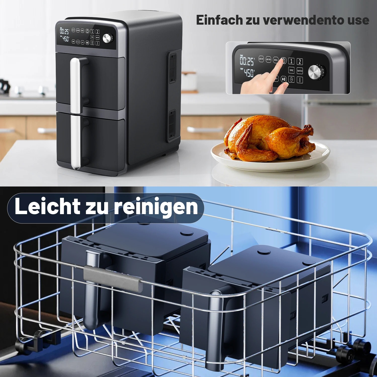OYAJIA Heißluftfritteuse mit 2 Kammern | 10,8 L Air Fryer mit 2 Körben und 4 Kochstufen 6 OYAJIA Heißluftfritteuse mit 2 Kammern | 10,8 L Air Fryer mit 2 Körben und 4 Kochstufen – Bild 6